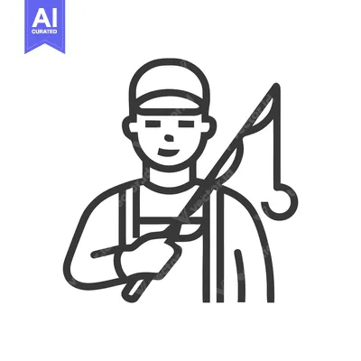 Smiling Fisherman with Rod and Cap, Minimalist Line Art Icon