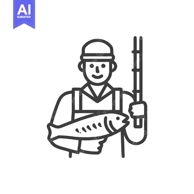 Happy Fisherman with Fresh Catch and Rod, Minimalist Line Art Icon