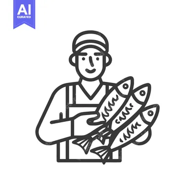 Friendly Fishmonger Presenting a Fresh Catch, Minimalist Line Art Icon