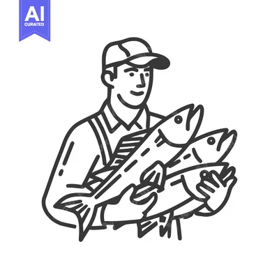 Smiling Fisherman Proudly Displays Three Fresh Fish in a Clean Line Ar