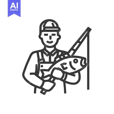 Bold Outline Icon of a Smiling Fisherman Holding a Large Fish and Rod