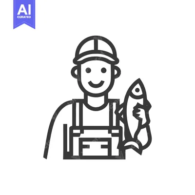 Smiling Fisherman in Overalls Proudly Displays His Catch Line Art Icon