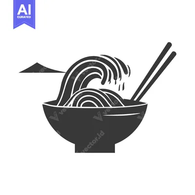 A black and white illustration of a bowl of noodles with chopsticks an