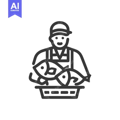 Happy Fishmonger Holding a Crate of Fresh Fish, Minimalist Line Icon