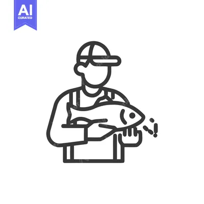 Minimalist line icon of a fisherman in a cap and overalls proudly hold