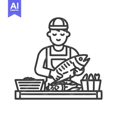 Aset desain premium: Friendly Fishmonger Presenting Fresh Catch at a Seafood Market Stall L