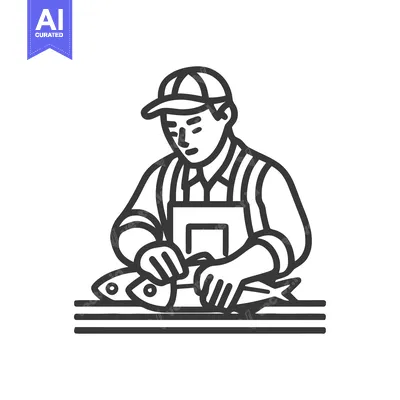 Aset premium populer: Monochrome Line Art Icon of a Fishmonger Skillfully Cleaning Fish