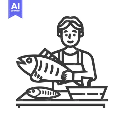 Smiling Fishmonger Proudly Presents Fresh Catch, Minimalist Line Art I