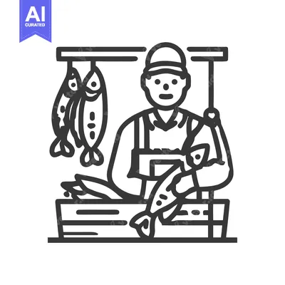 Popular premium asset: Friendly fishmonger at a market stall with hanging fish, a bold monoch