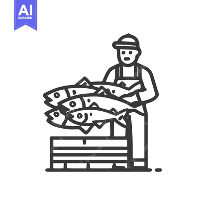 Aset premium populer: Minimalist Line Art Icon of a Fisherman with a Bountiful Fish Catch ov