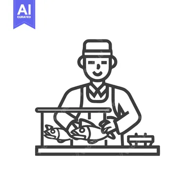 Professional fishmonger at a seafood counter, a clean and simple line