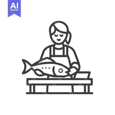 Smiling fishmonger preparing a large fish, a clean and simple line art