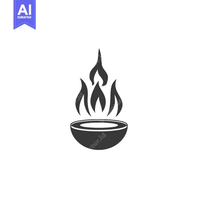 Premium design asset: A black and white illustration of a bowl with flames emanating from it