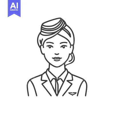 Elegant Flight Attendant Portrait in a Minimalist Line Art Style