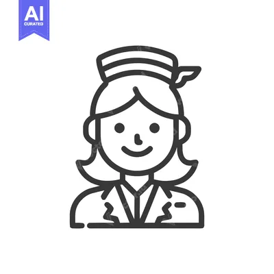 Aset desain premium: Smiling Air Hostess in Uniform, Minimalist Line Art Icon for Aviation