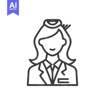 Elegant Stewardess Avatar with Uniform and Hat Line Art