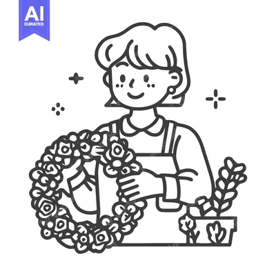 Aset premium populer: Joyful Florist Crafting a Rose Wreath, Charming Minimalist Line Art