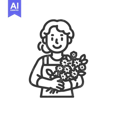 Smiling Florist in an Apron Holding a Generous Bouquet of Flowers, Lin