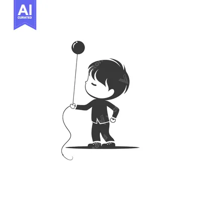 A Black and White Illustration of a Boy Holding a Balloon