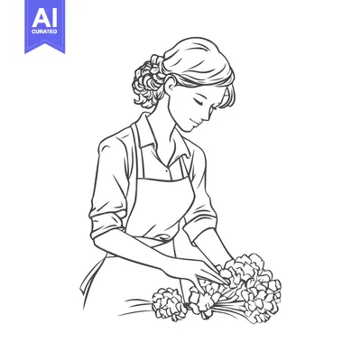 Elegant Line Art of a Serene Woman in an Apron Crafting a Flower Bouqu