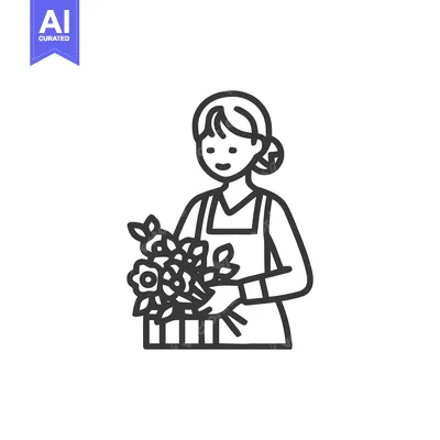 Popular premium asset: Minimalist Line Art Icon of a Smiling Florist Holding a Flower Bouquet