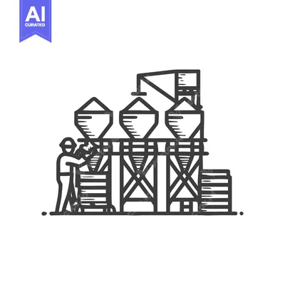 Industrial Processing Plant with Three Silos and Worker, Minimalist Li