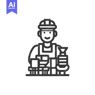 Aset desain premium: Smiling Industrial Worker with Hard Hat, a Minimalist Monochrome Line