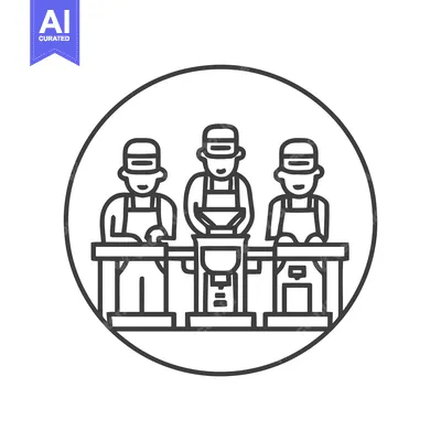 Symmetrical Line Art Icon of Three Workers on a Factory Assembly Line