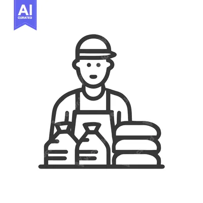 Aset desain premium: Friendly Laundry Attendant with Bags and Folded Towels Line Art Icon