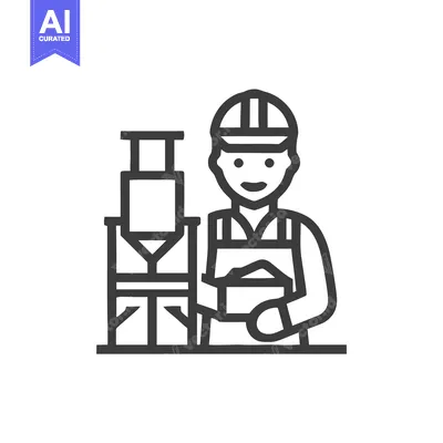Monochrome Line Icon of a Cheerful Engineer Operating Industrial Equip