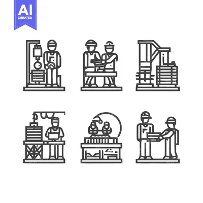 Aset premium populer: Industrial Production Line Icons: A Minimalist Set of Factory Workers
