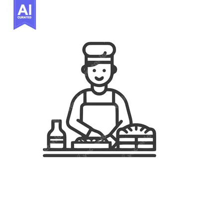 Smiling Chef at Counter with Bread and Pie, Minimalist Culinary Line I