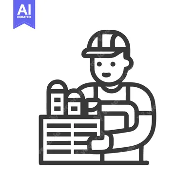 Aset desain premium: Monochrome Line Icon of a Delivery Worker Carrying a Crate of Bottles