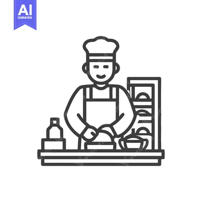 Smiling Chef in Toque Kneading Dough at a Kitchen Counter Line Icon