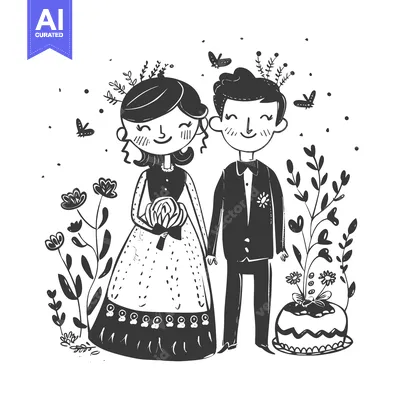 Aset premium populer: A Black and White Illustration of a Bride and Groom with a Cake