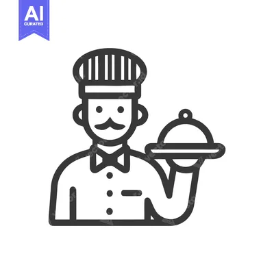Aset premium populer: Minimalist line art icon of a mustachioed chef in a toque, presenting