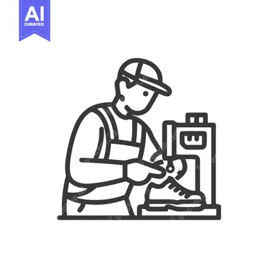 Popular premium asset: Focused Shoemaker Using a Machine: Minimalist Line Art Icon of a Cobbl
