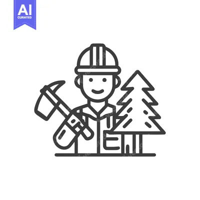 Aset desain premium: Smiling Forester with Hard Hat and Axe, Minimalist Line Art Icon for F