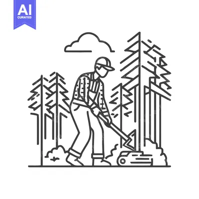 Premium design asset: Stylized Lumberjack Chopping Log with Axe in a Geometric Forest Line A