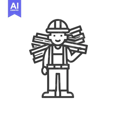 Happy Construction Worker with Lumber, Bold Line Art Illustration