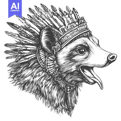 A Black and White Illustration of a Canine Wearing a Feather Headdress