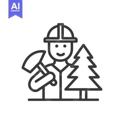 Smiling Forester in Hard Hat with Hammer and Tree, Line Art Icon