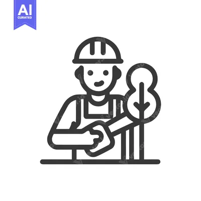 Smiling Forester in Hard Hat Planting a Sapling, Minimalist Line Art I