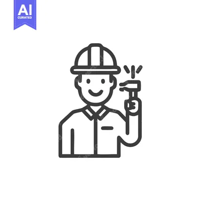 Popular premium asset: Smiling Builder in Hard Hat Holding a Hammer, Minimalist Line Icon