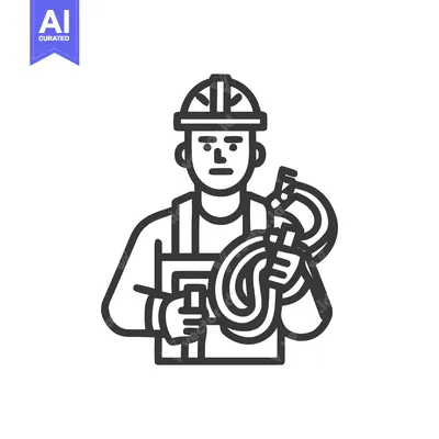 Aset desain premium: Bold Monochrome Line Art of an Industrial Worker Holding a Coiled Hose