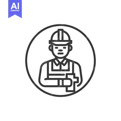 Circular Line Art Icon of a Builder in Hard Hat Holding a Hammer