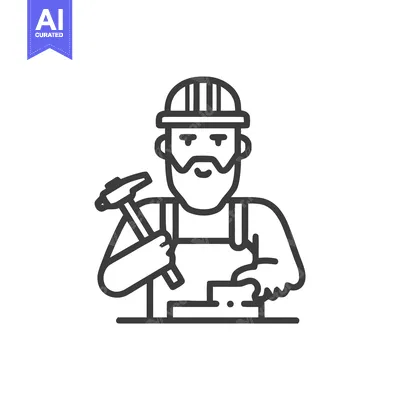 Skilled bearded carpenter in a hard hat, a minimalist line art icon fo