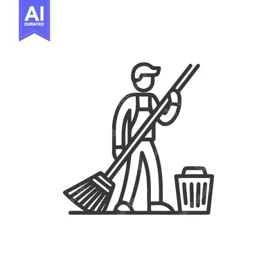 Janitor with broom and trash can, a bold monochrome line art icon for