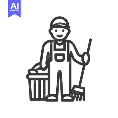 Popular premium asset: Friendly Janitor in Overalls with Broom and Trash Can, a Minimalist Li