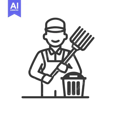 Smiling Groundskeeper with Pitchfork and Trash Bin Line Art Icon